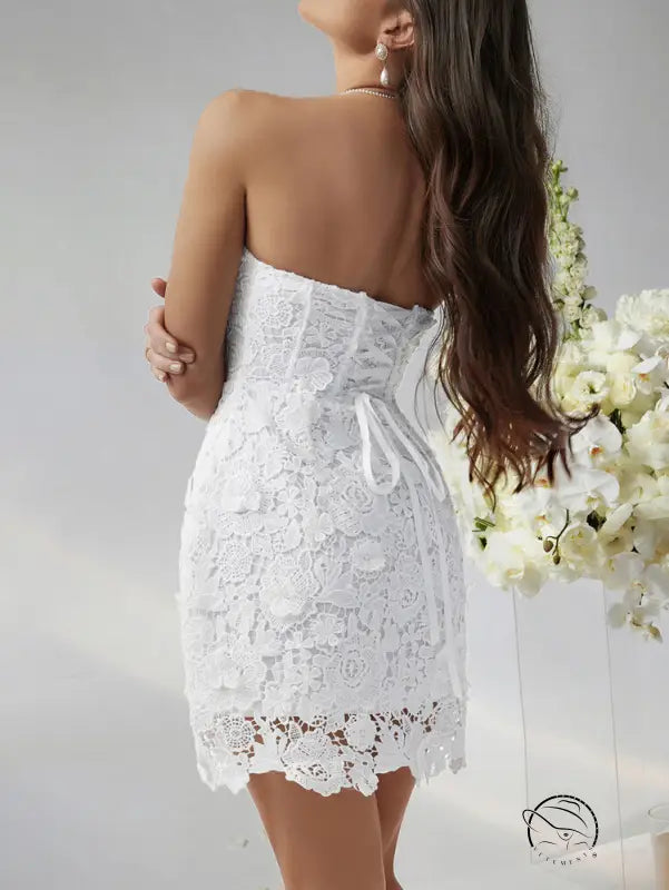 White lace strapless beautiful short dress evening gown