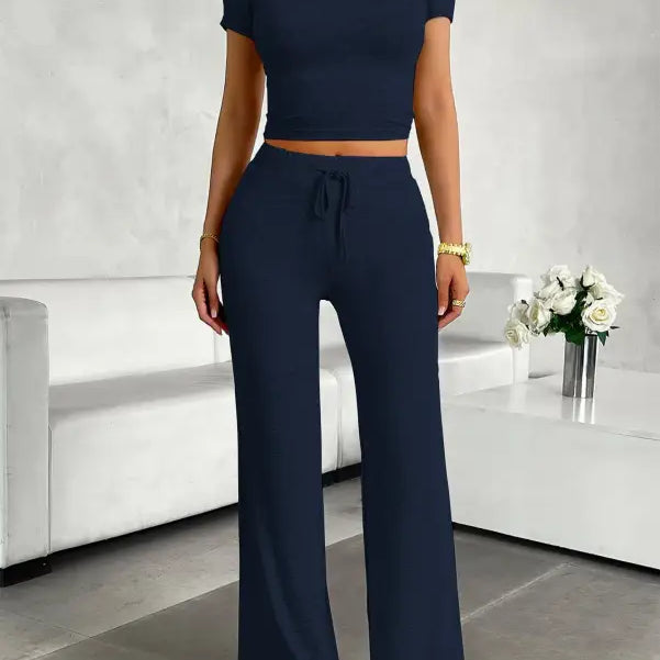Navy blue langry fashion crop top and wide-leg pants set