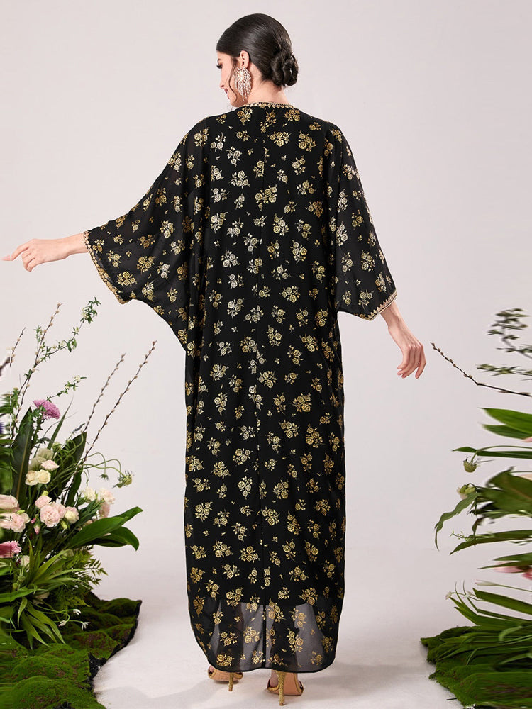 Black floral print silk kimono dress with bell sleeves and V-neck by Langry fashion