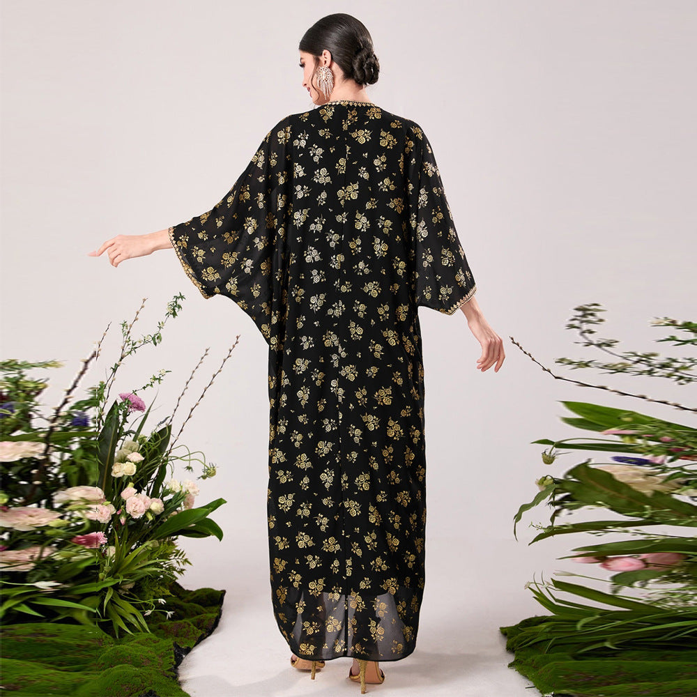 Black floral print silk kimono dress with bell sleeves and V-neck by Langry fashion