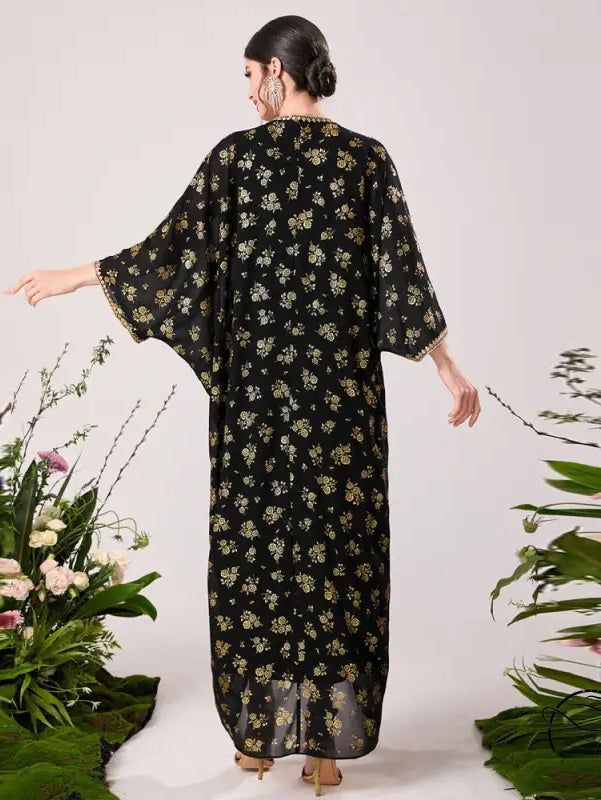 Elegant langry fashion black floral silk kimono dress with bell sleeves