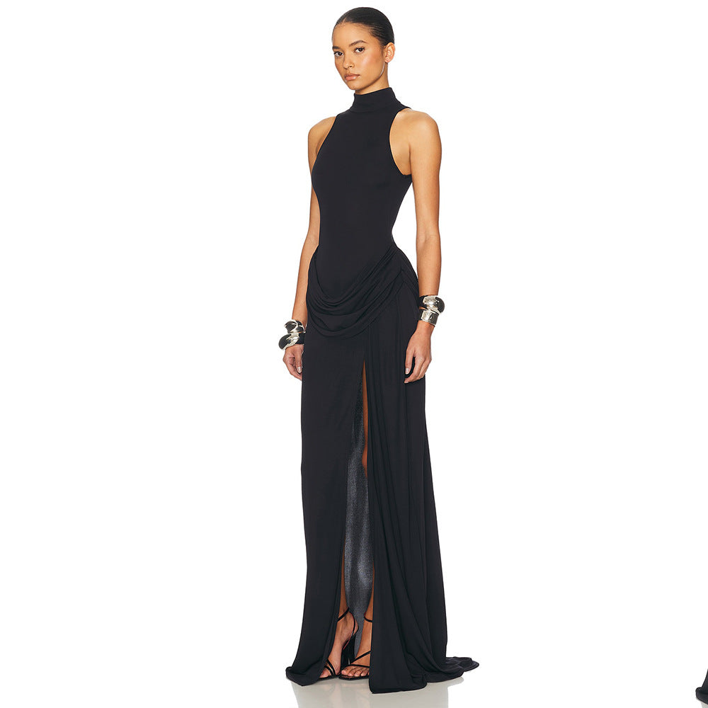 Elegant black high-neck sleeveless langry fashion gown with side slit