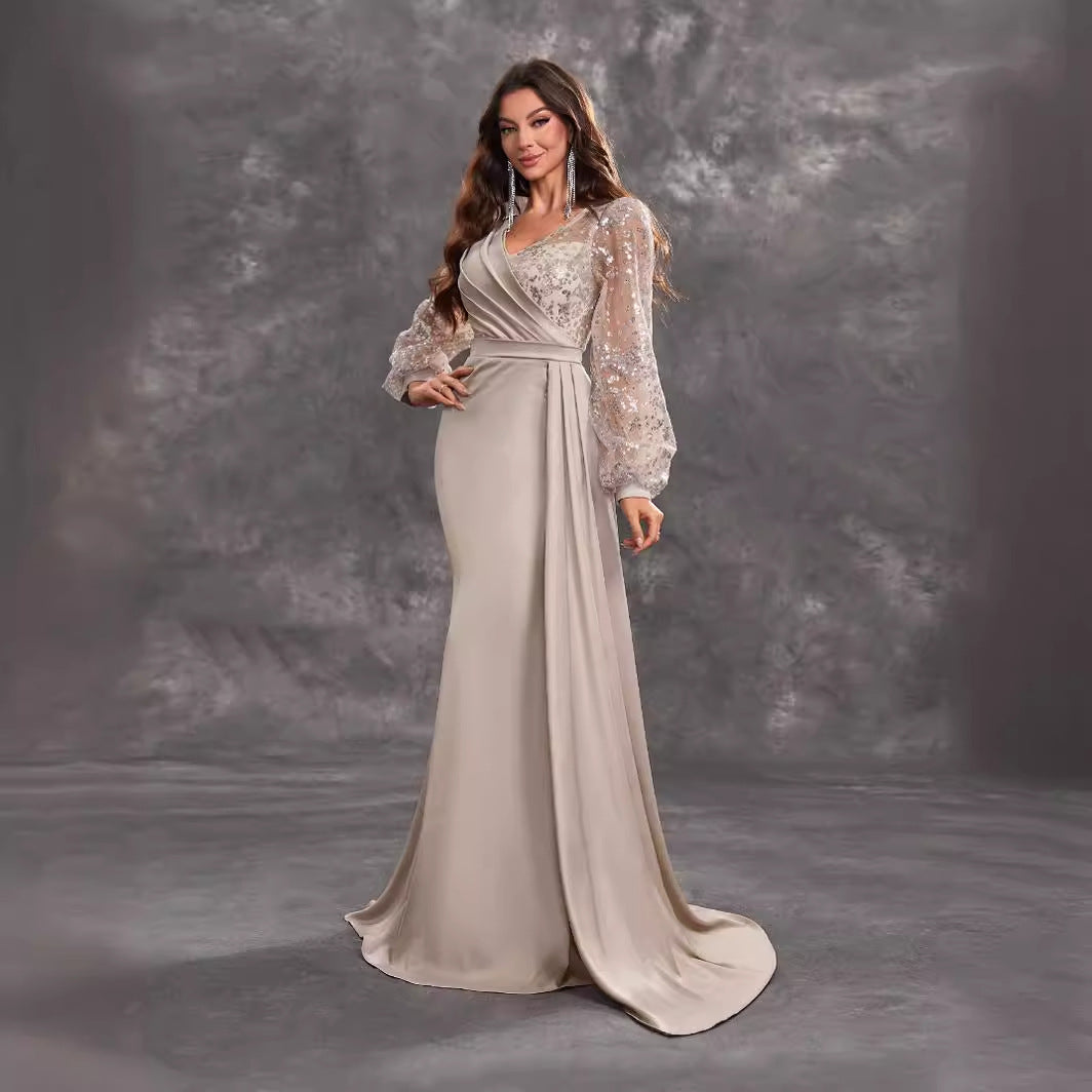 Elegant long-sleeved evening gown in langry fashion, perfect for formal occasions