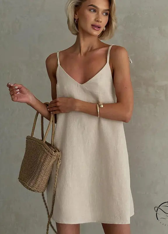 Casual backless cotton home wear slip dress with straw bag