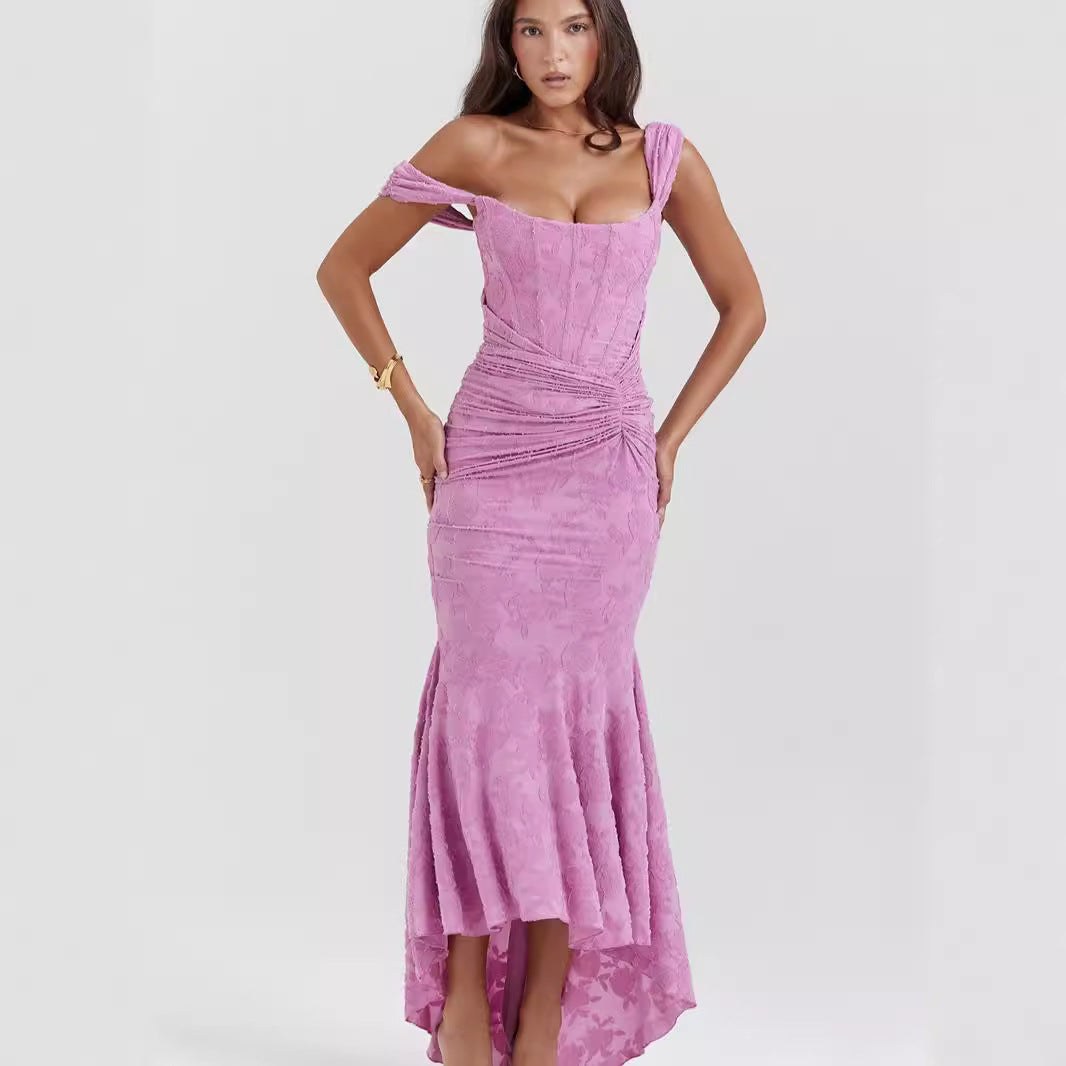 Pink off-shoulder cami dress with ruched detailing and high-low hem for elegant fashion
