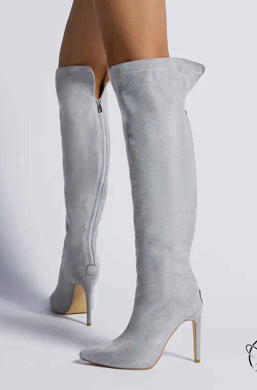 Gray suede stiletto heeled over the knee long fashion boots