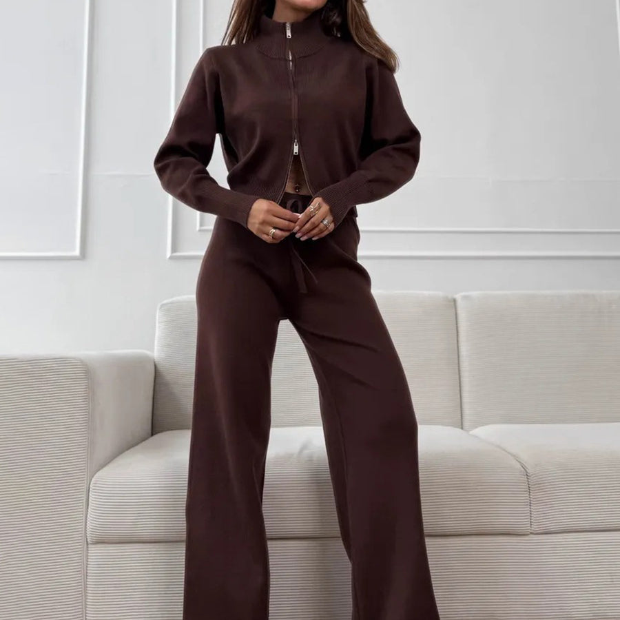 Langry fashion brown zip-up tracksuit with wide-leg pants and white sneakers