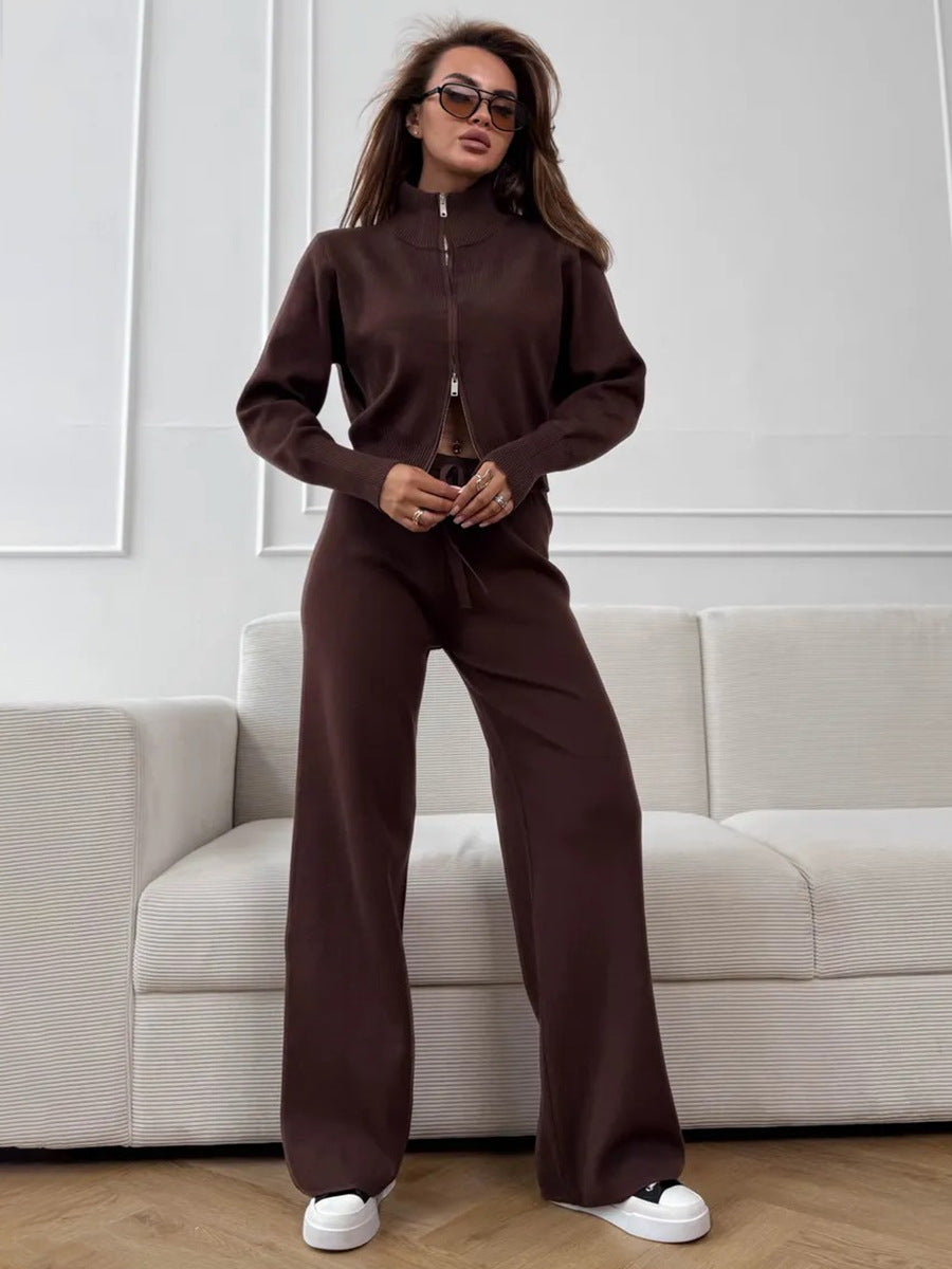 Langry fashion brown zip-up tracksuit with wide-leg pants and white sneakers