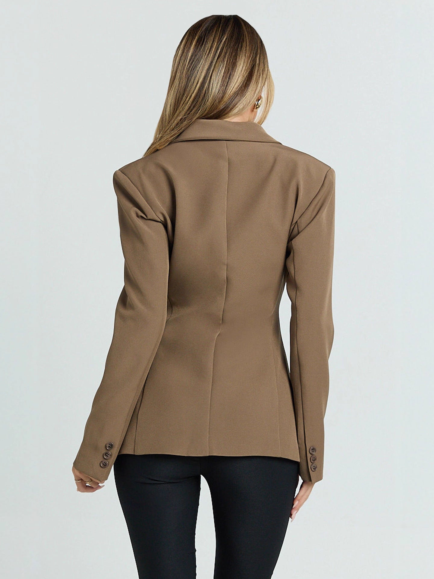 Camel-colored Langry casual slim fit blazer with double-breasted front