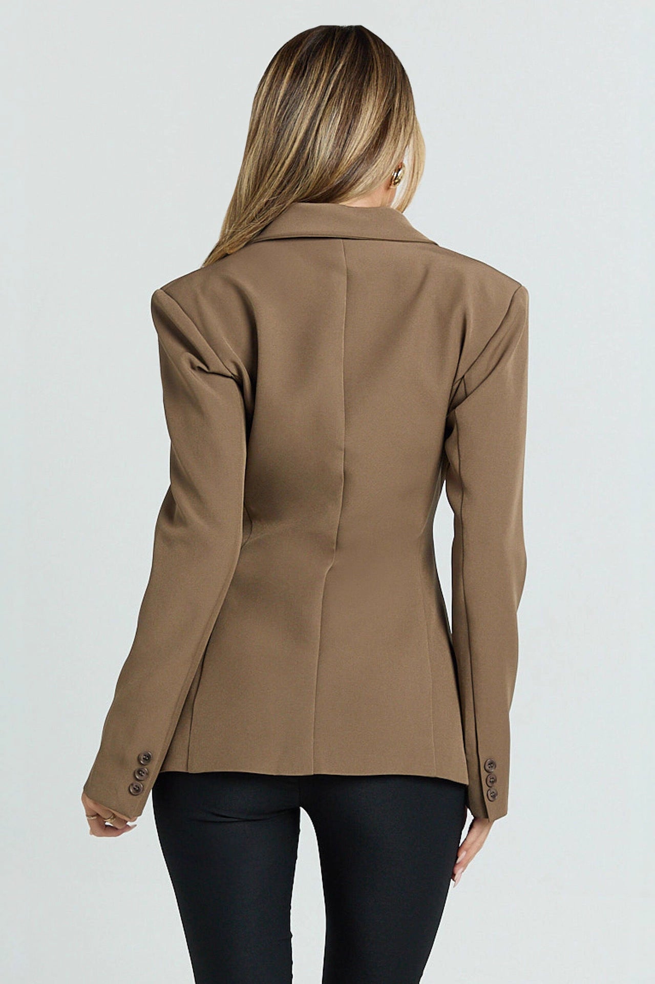 Camel-colored Langry casual slim fit blazer with double-breasted front