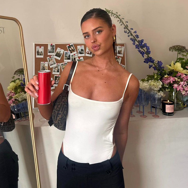 White bodysuit with cutout square collar, irregular square collar design, sleeveless lean fit