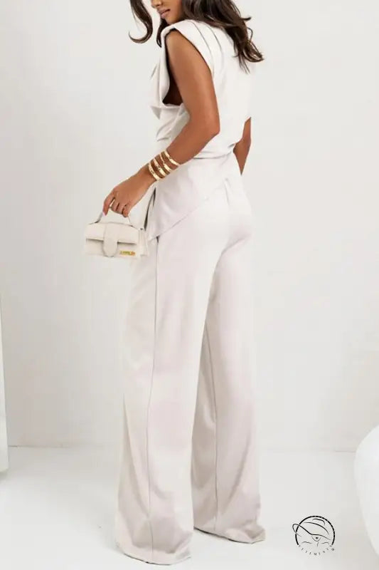 Woman in beige gorgeous two piece sets jumpsuit