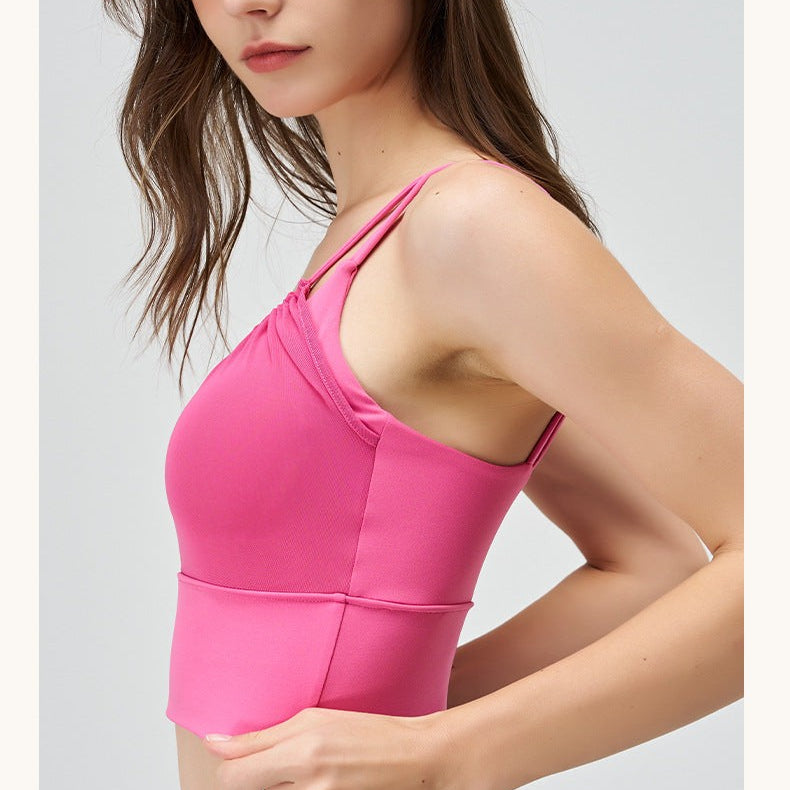 Pink athletic crop top from CUTE PLEATED MESH YOGA VEST in Cherry Blossom Powder