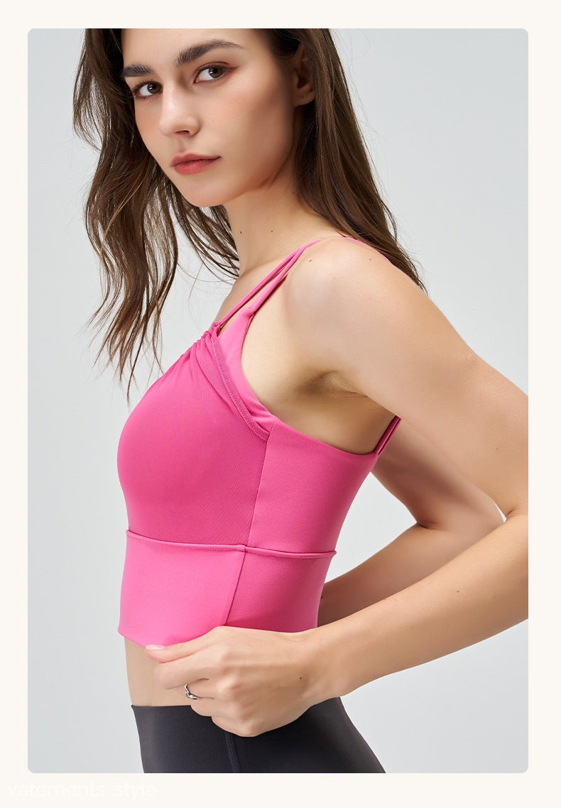 Pink athletic crop top from CUTE PLEATED MESH YOGA VEST in Cherry Blossom Powder