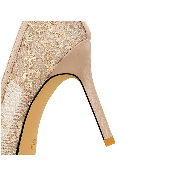 Cocktail High Heel Women Shoes Bow Sequined Lace Mesh Pointed Shallow Mouth Stiletto