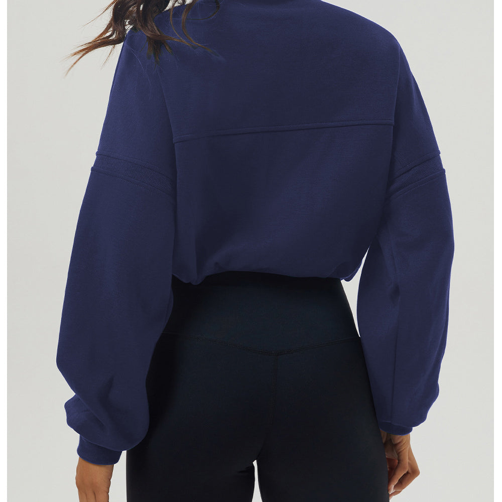 Navy blue rugby shirt and black shorts in fashionable long sleeve fitness attire