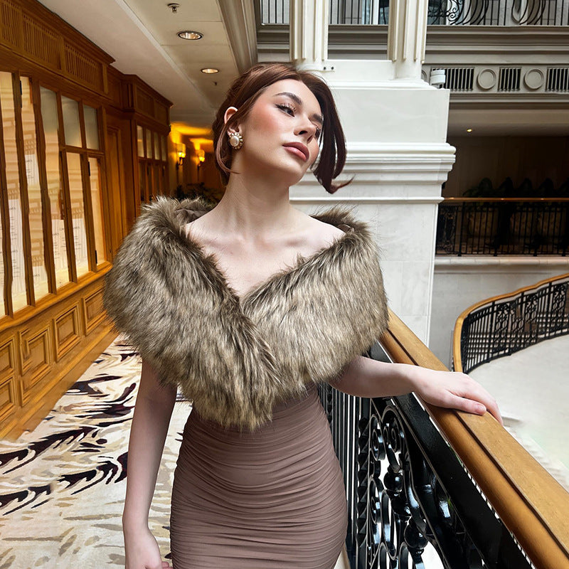 Elegant mauve dress with faux fur collar, ideal for langry fashion and stylish ملابس