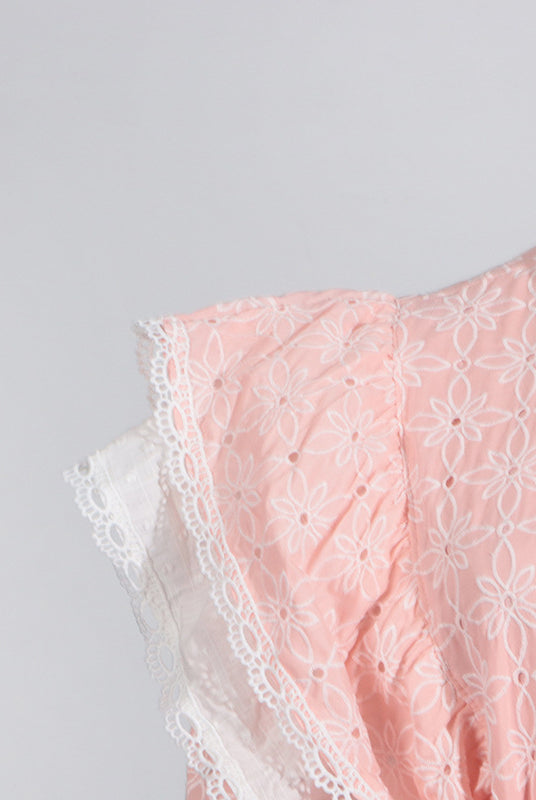 Pink eyelet dress with white lace trim, stand collar, langry fashion for women