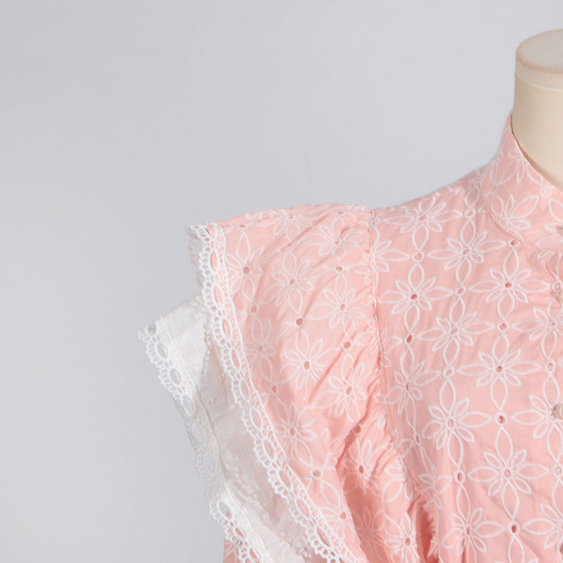 Pink eyelet dress with white lace trim, stand collar, langry fashion for women