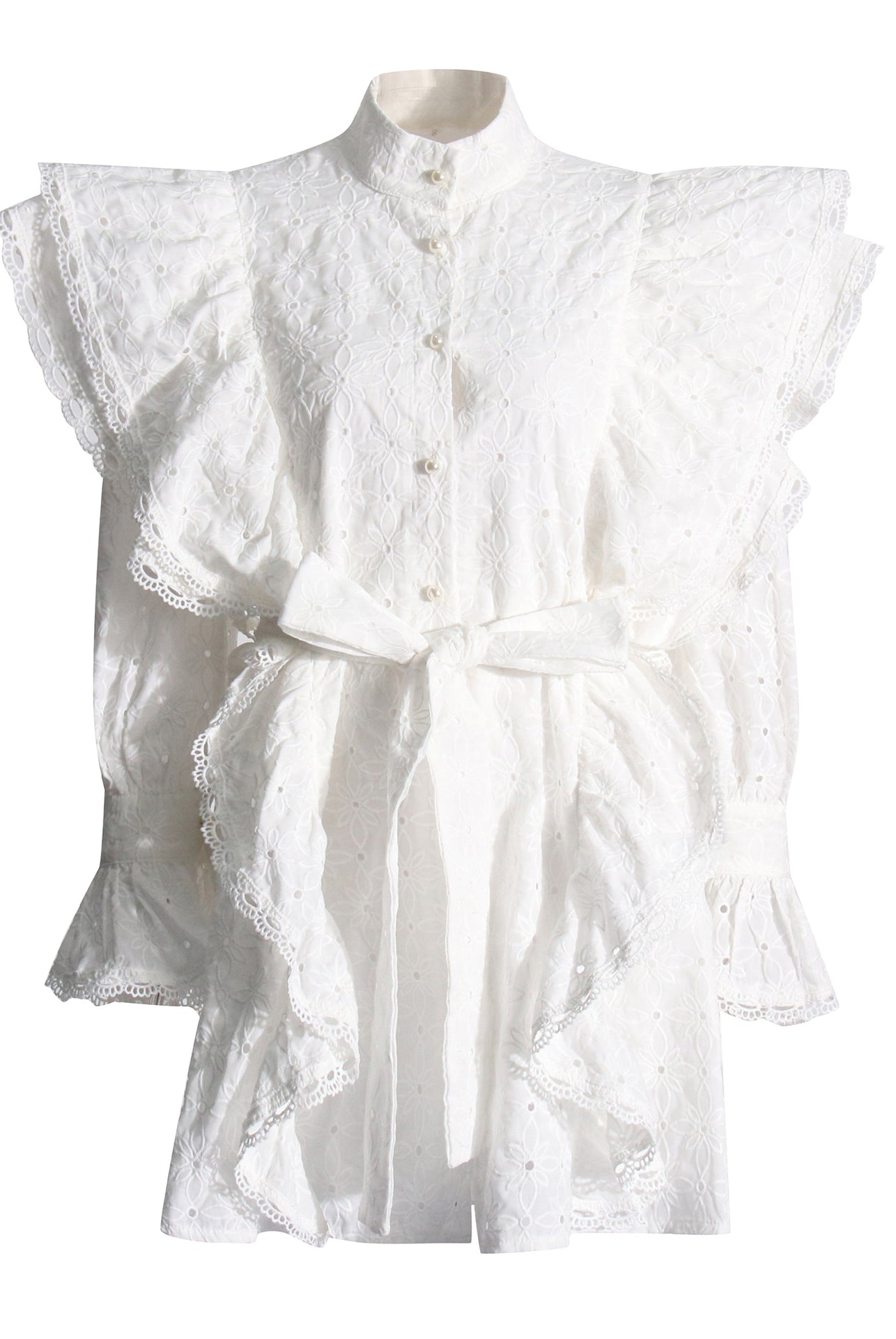 White eyelet romper with ruffles, stand collar, langry fashion dress for women