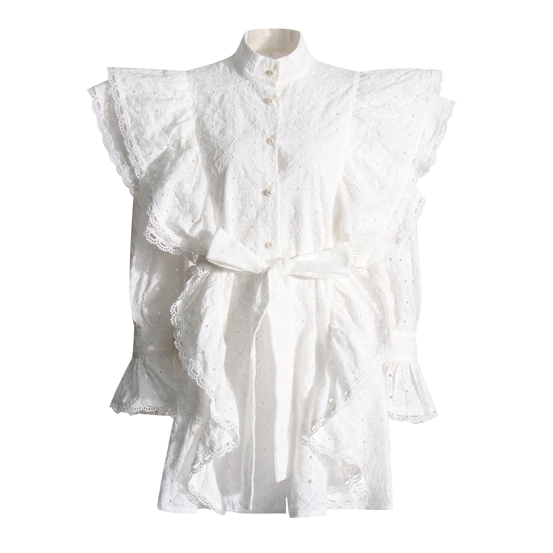 White eyelet romper with ruffles, stand collar, langry fashion dress for women