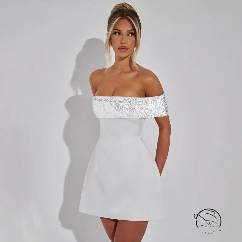 Elegant white off-shoulder mini dress with langry sequined fashion bodice trim