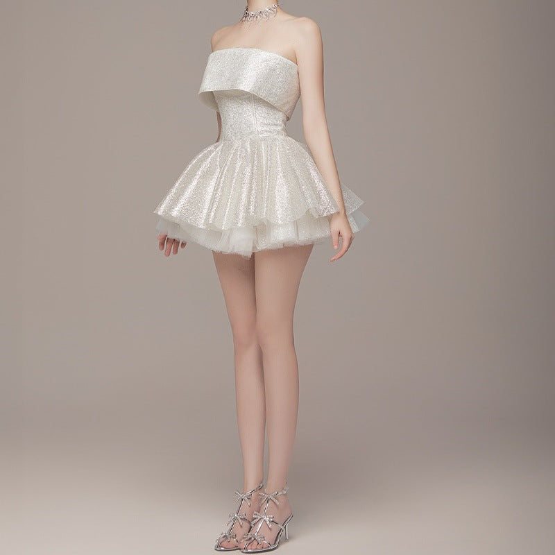 Elegant off Shoulder Short Dress, Sparkly white strapless mini dress for trendy fashion lovers
