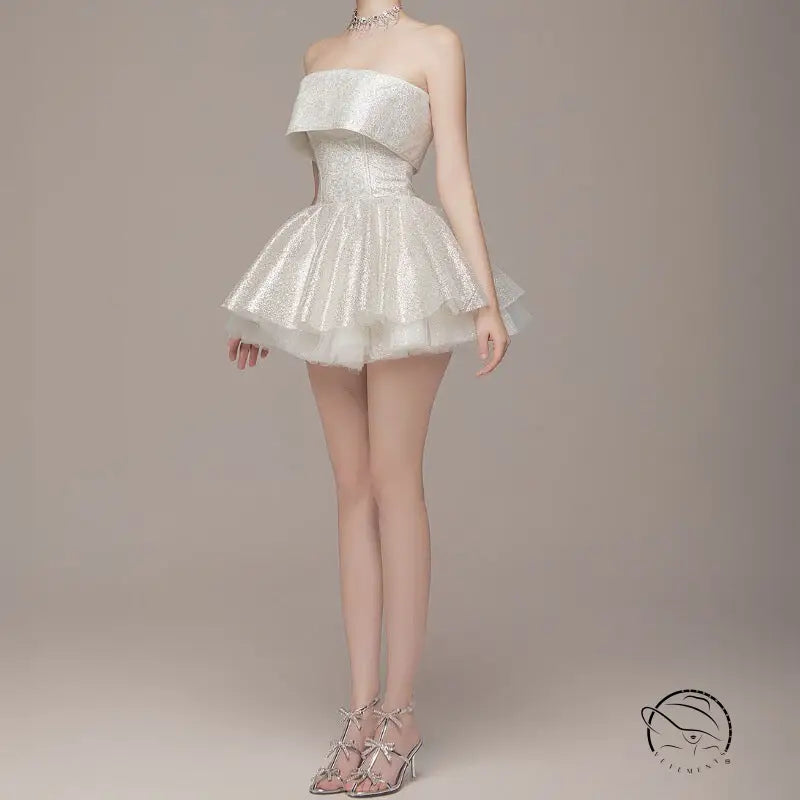 Sparkly white strapless short dress by Langry fashion