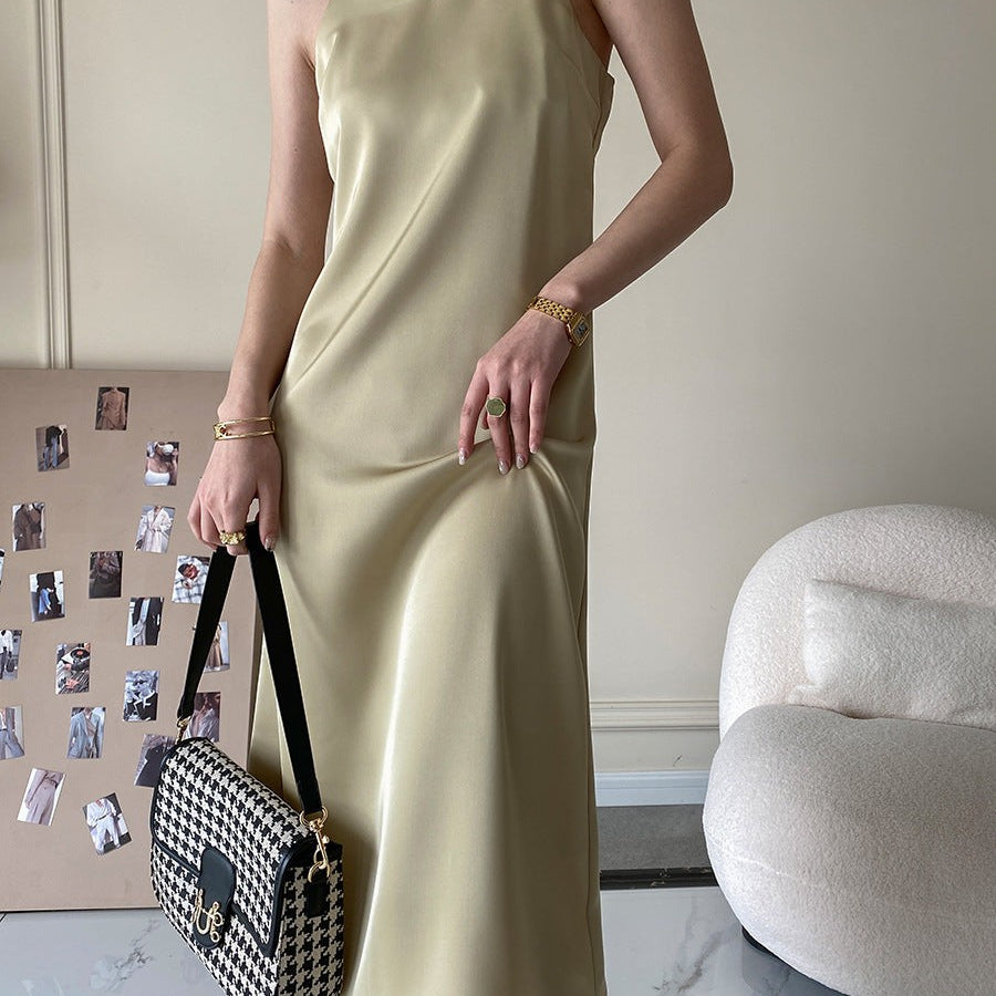 Beige obsidian black acetate satin dress with checkered bag