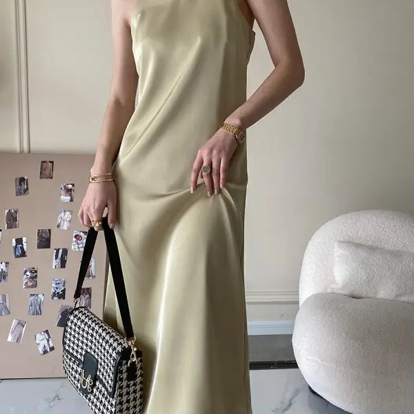 Beige obsidian black acetate satin dress with checkered bag
