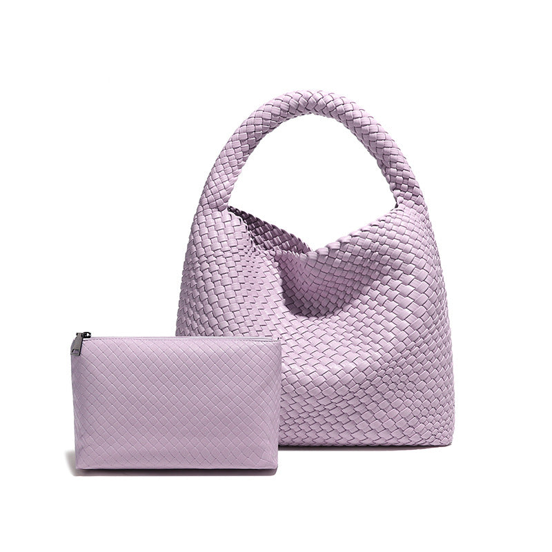 Lavender woven hobo bag with matching pouch, a stylish addition to your fashion collection