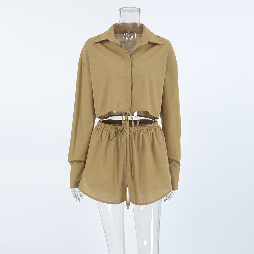 Khaki casual cotton linen pajamas sets with long-sleeve crop top and shorts with drawstring waist