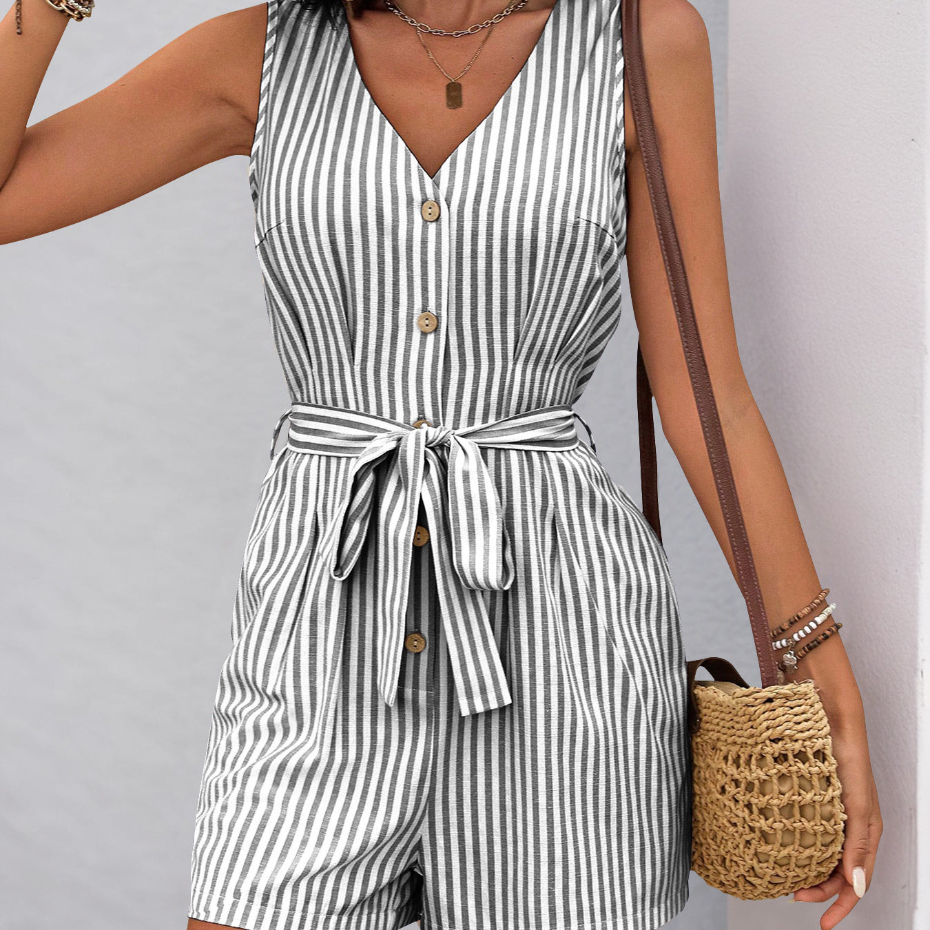 Sleeveless striped romper with v-neck and tie waist from Beautiful Summer Jumpsuit fashion