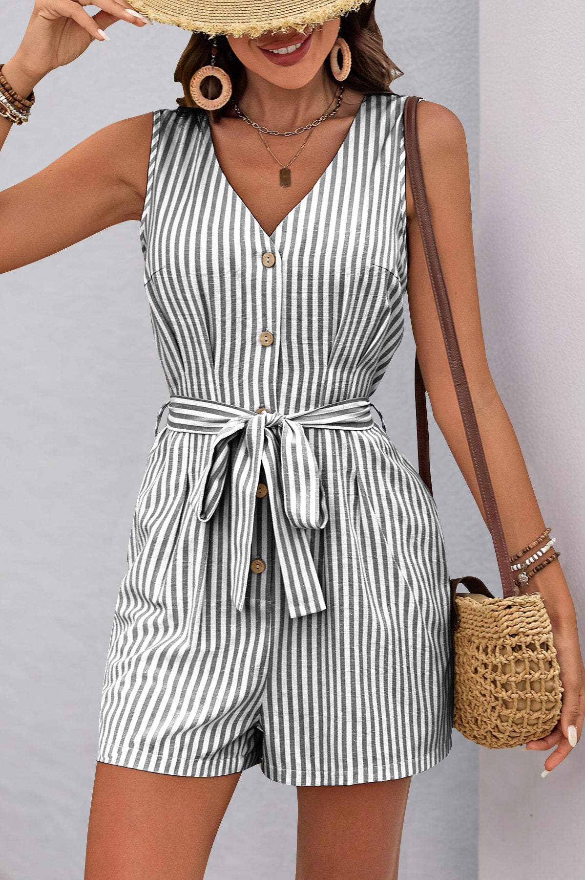 Sleeveless striped romper with v-neck and tie waist from Beautiful Summer Jumpsuit fashion