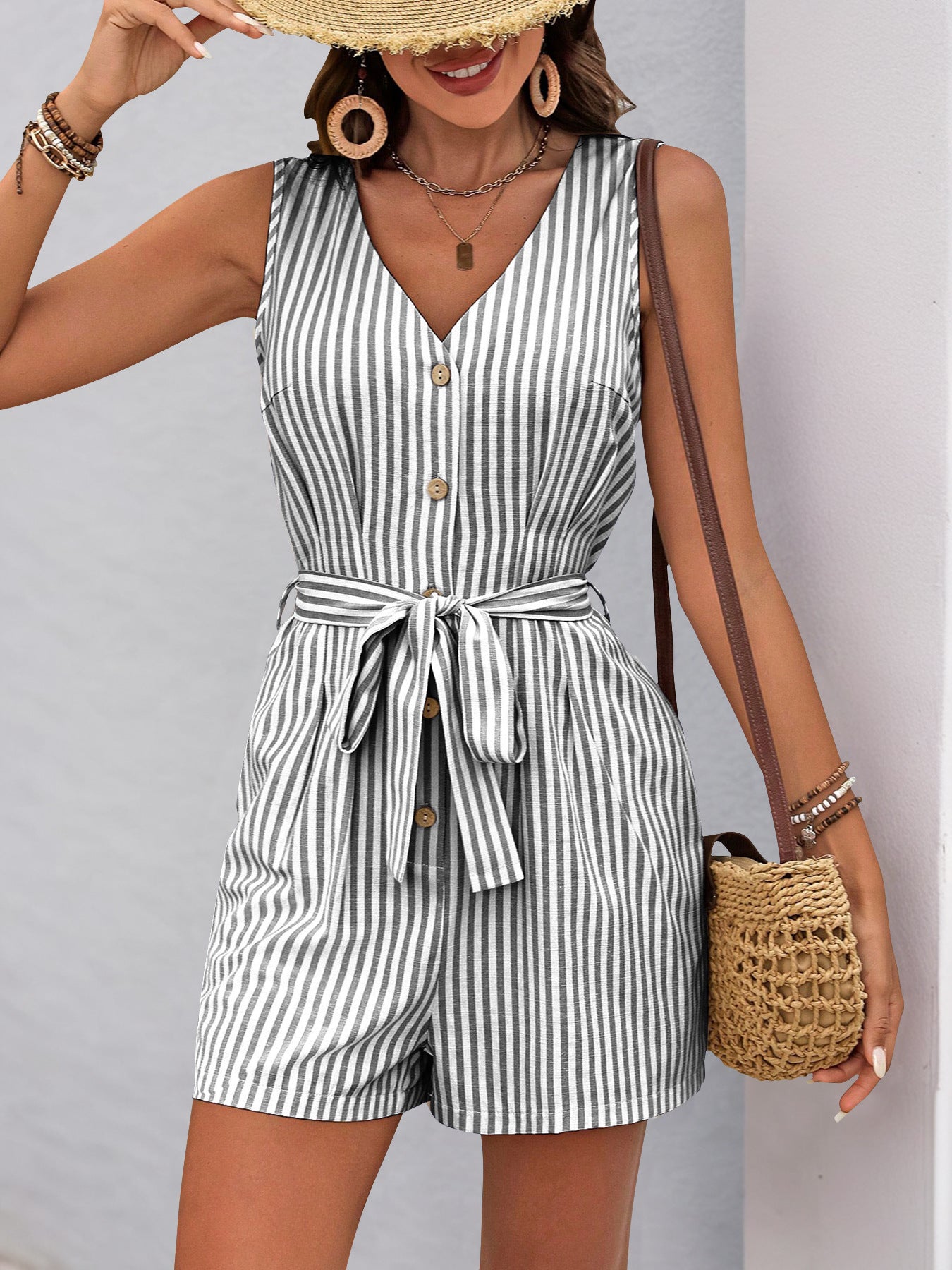 Sleeveless striped romper with v-neck and tie waist from Beautiful Summer Jumpsuit fashion