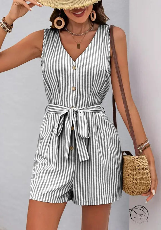 Beautiful summer jumpsuit: sleeveless striped romper with v-neck and tie waist