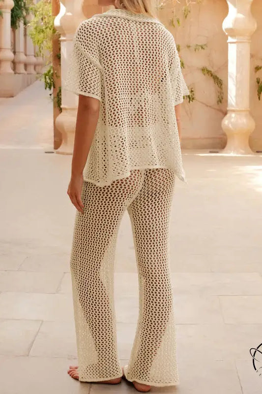 White beach loose shirt and casual trousers crochet set