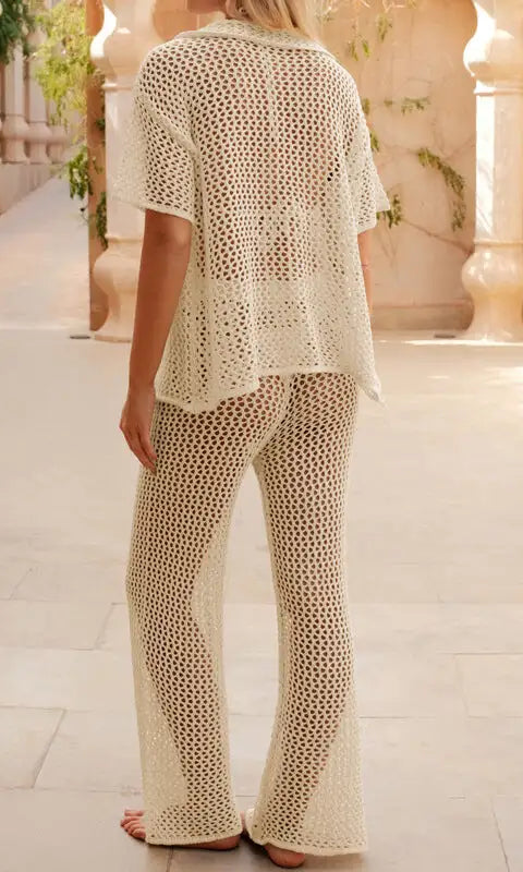 White beach loose shirt and casual trousers crochet set