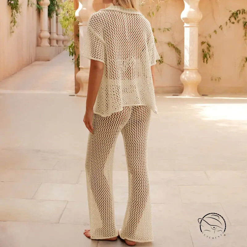 White beach loose shirt and casual trousers crochet set