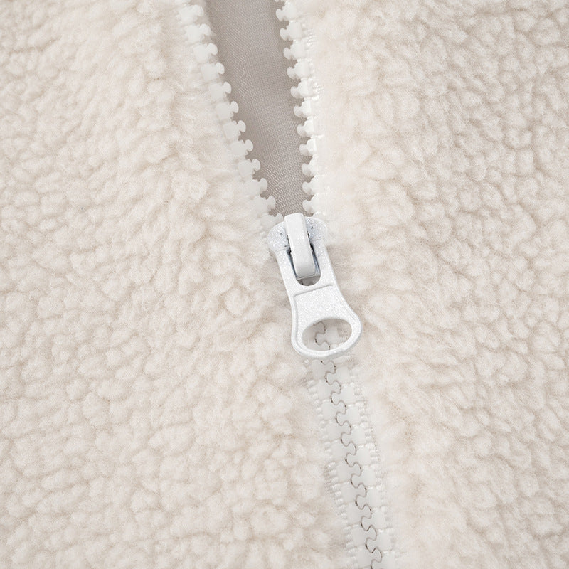 White fleece jacket zipper detail on Langry Casual Round Neck Zipper Stitching Coat