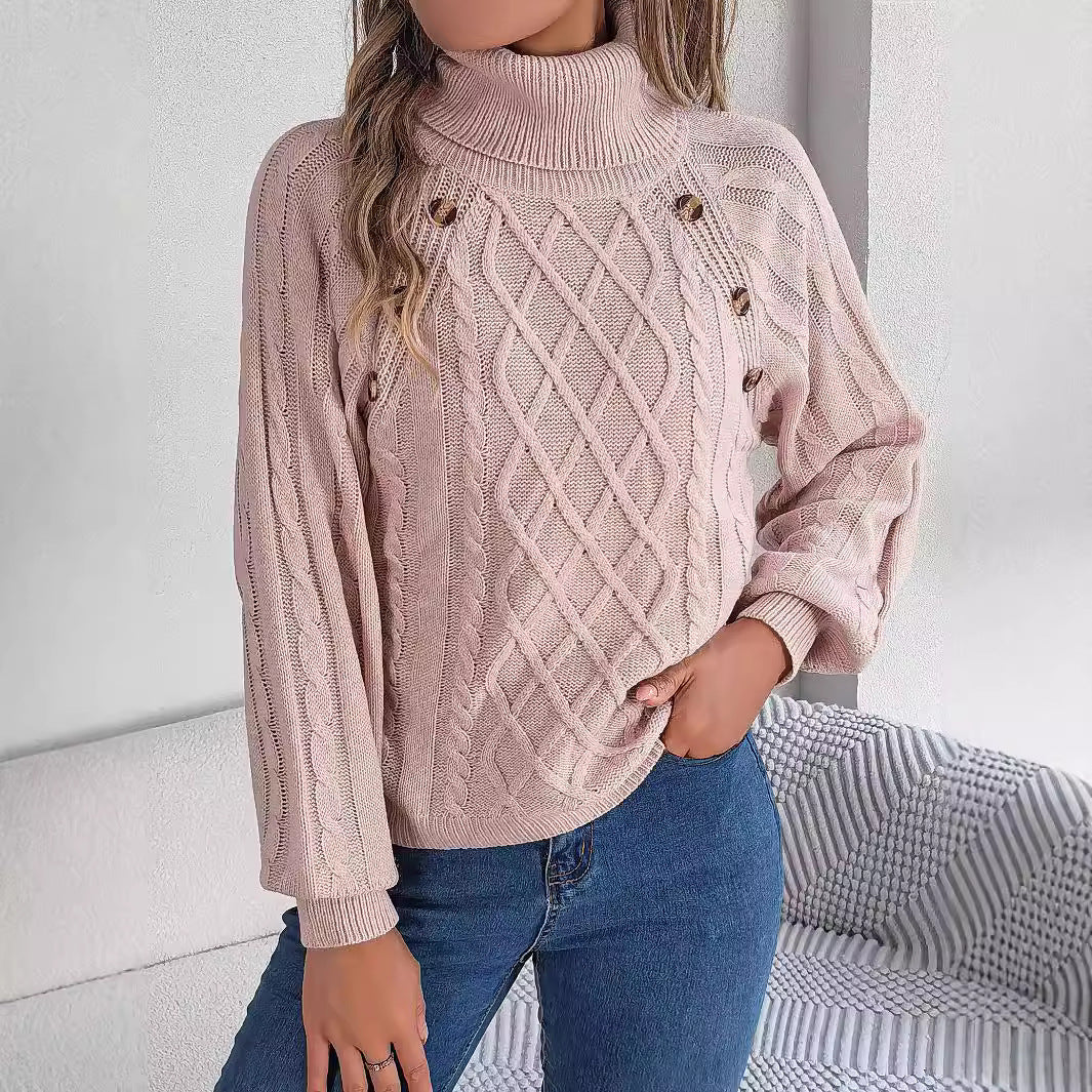 Dusty rose Langry fashion cable knit sweater with buttons and high neck