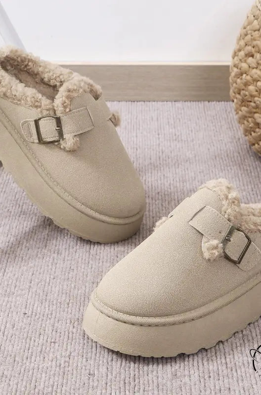 Beige platform slipper shoes with buckle from Langry fashion casual thermal cotton slippers