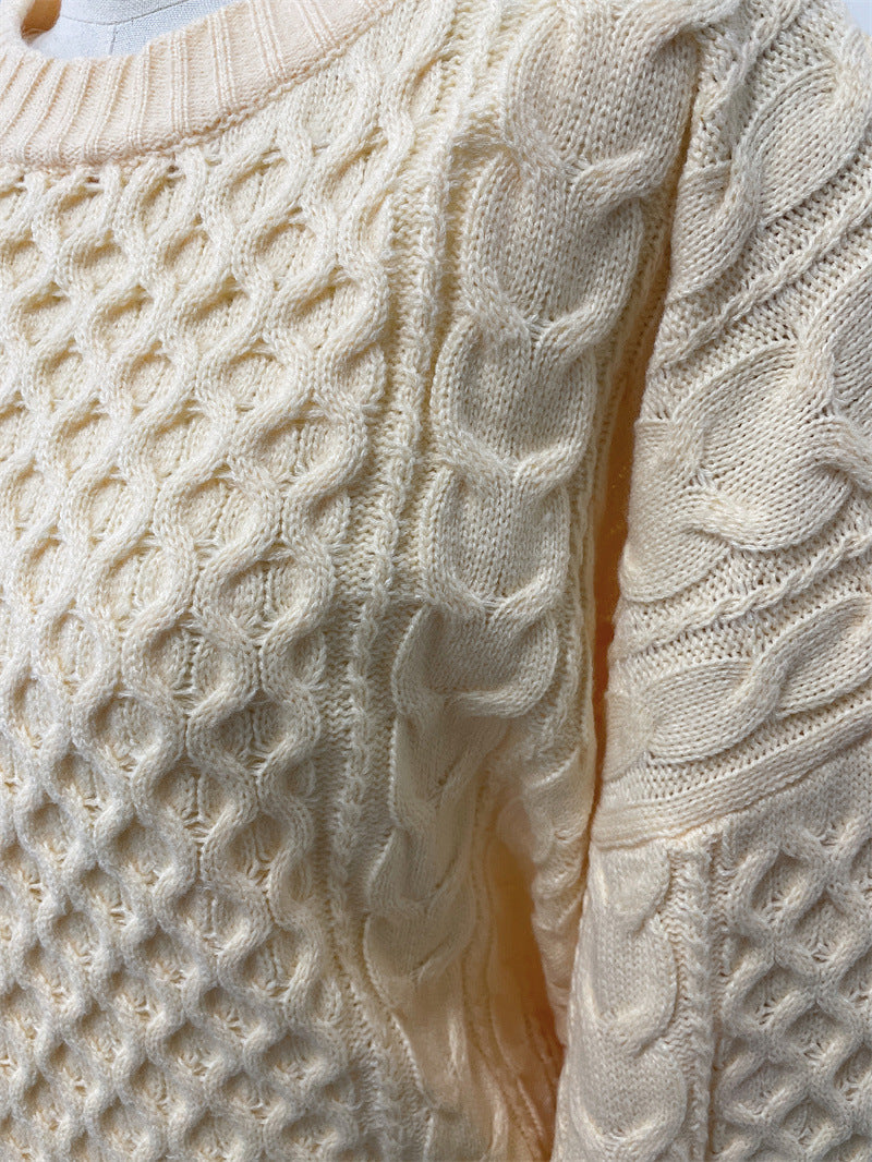 Cream-colored cable knit sweater from Loose Casual Lazy Knitted Top, stylish fashion ملابس