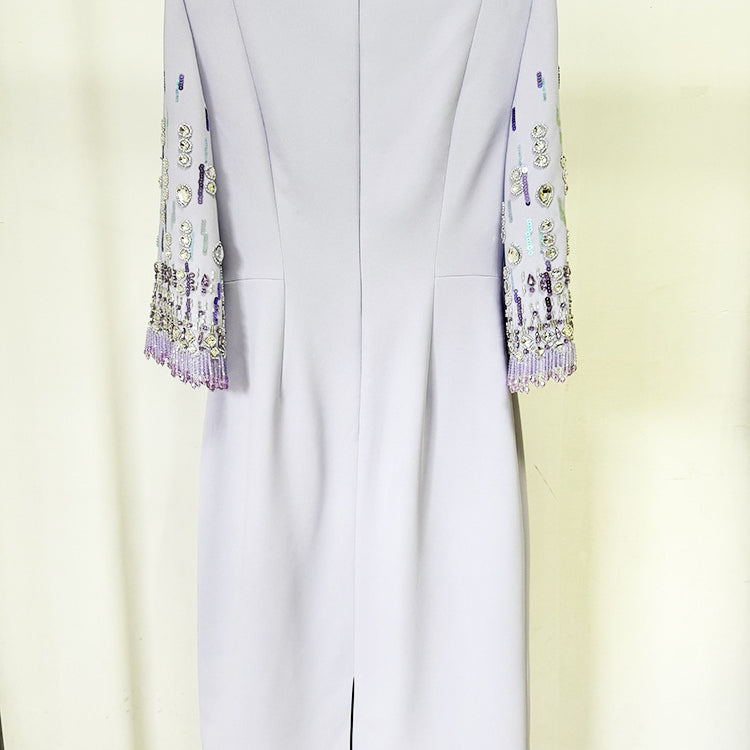 Lavender dress with beaded sleeves from Diamond Embedded Mid Length Dress collection for fashion enthusiasts