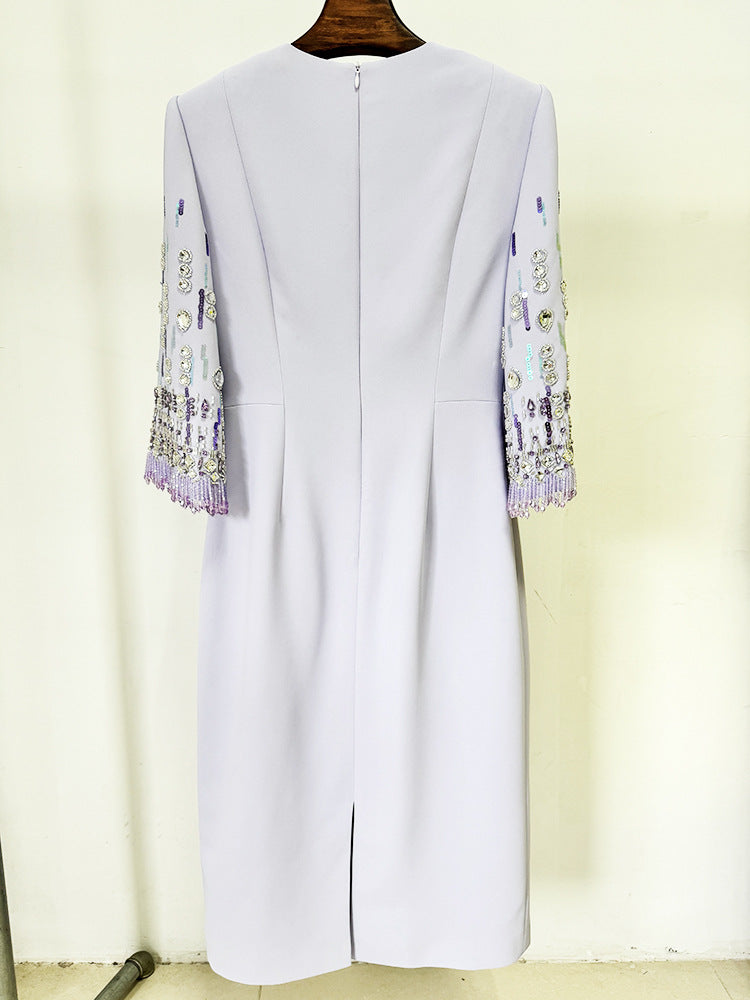 Lavender dress with beaded sleeves from Diamond Embedded Mid Length Dress collection for fashion enthusiasts