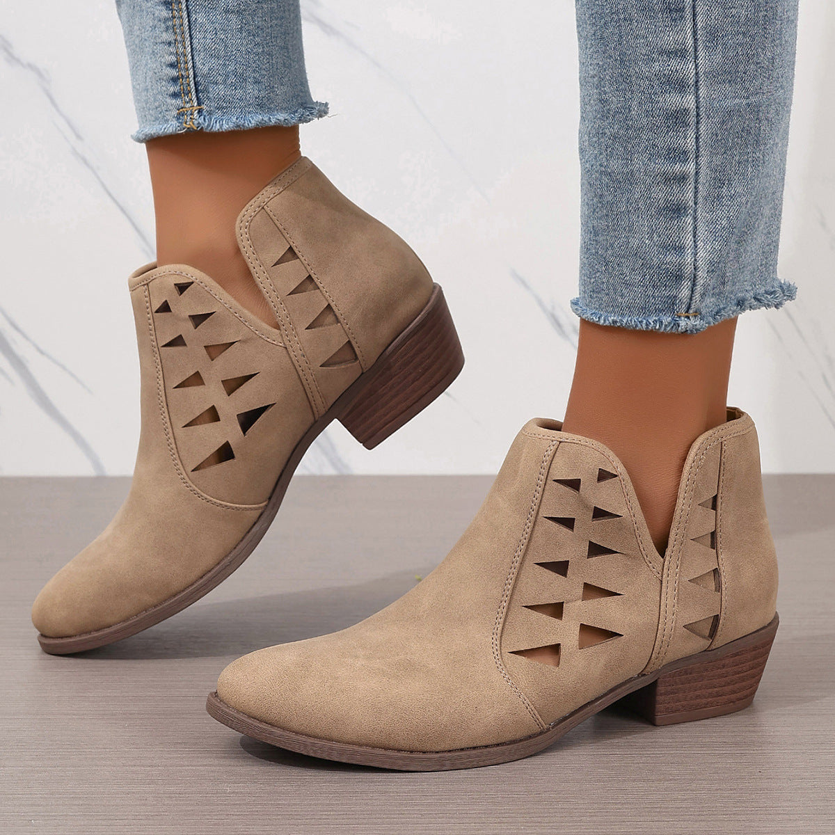 Beige suede Daily Ankle Boots with triangular cutout details and block heels