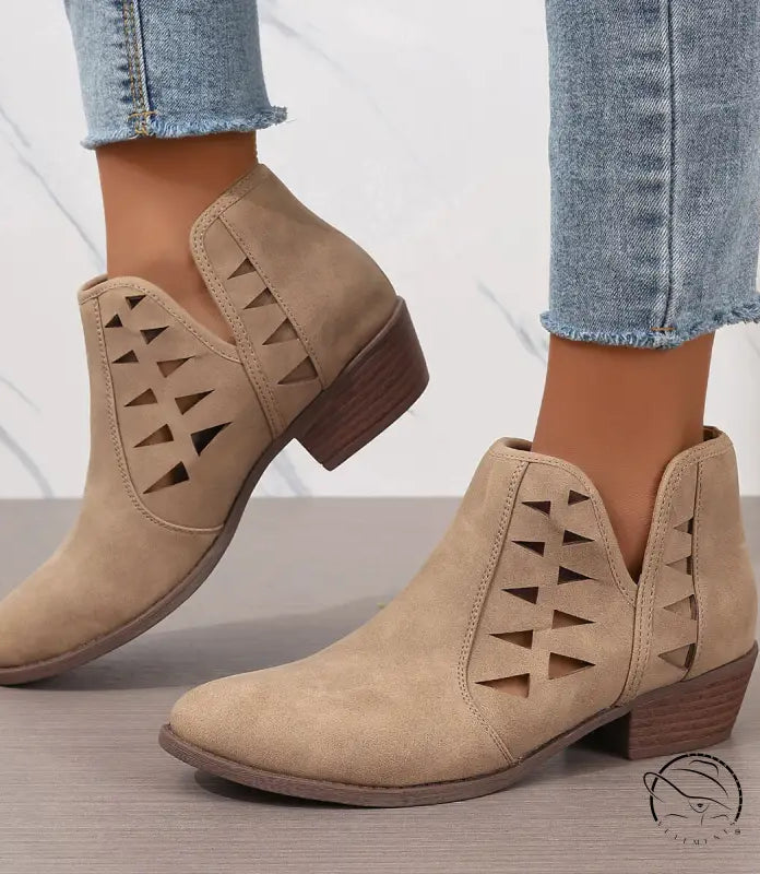 Beige suede daily ankle boots with cutouts and wooden heels