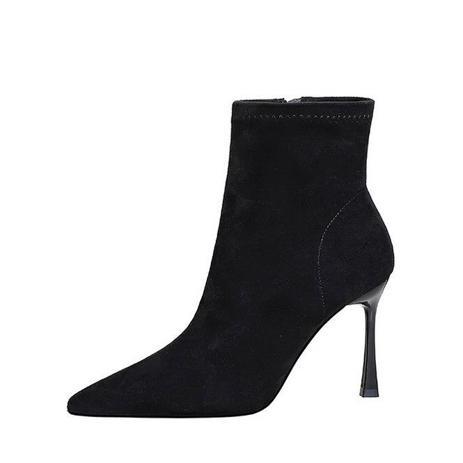 Elegant black suede langry fashion ankle boot with slender high heel