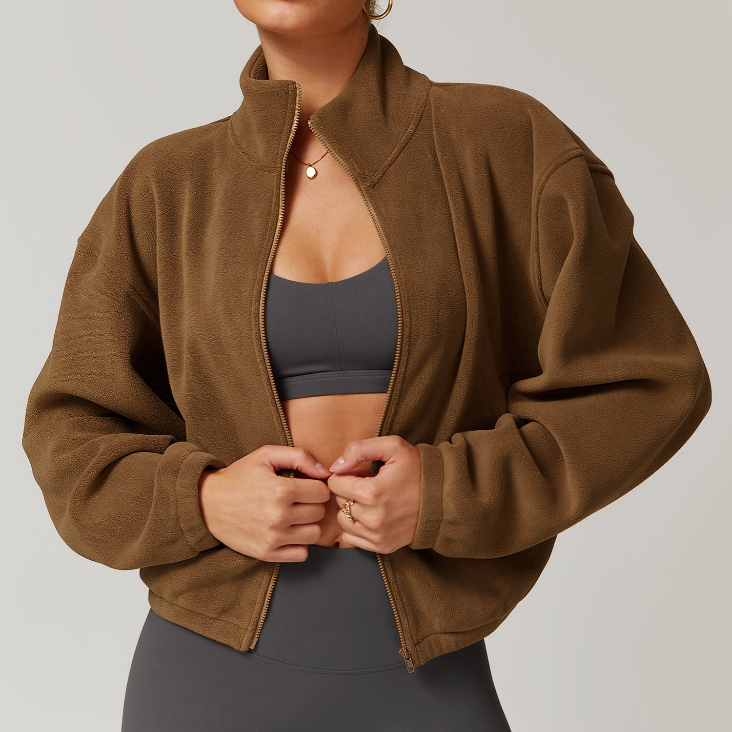 Brown fleece bomber jacket with zip front, ideal for fashion and warmth, by Langry