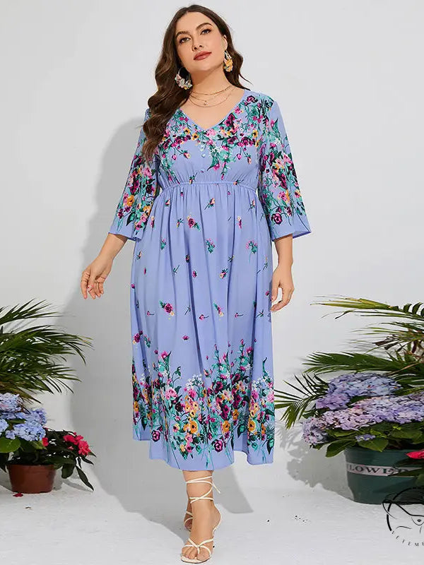 Plus-size floral chiffon spring dress with elastic waist in periwinkle